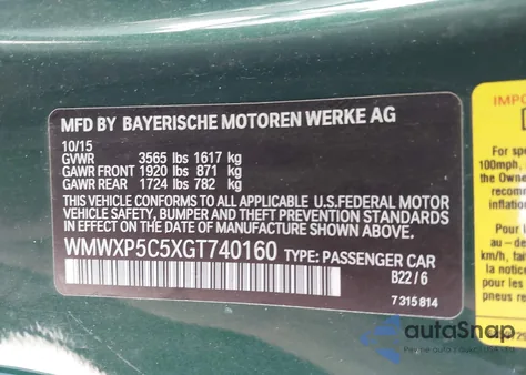 2016 Mini Hardtop Cooper from USA, damaged, VIN WMWXP5C5XGT740160
